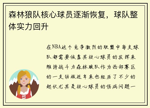 森林狼队核心球员逐渐恢复，球队整体实力回升