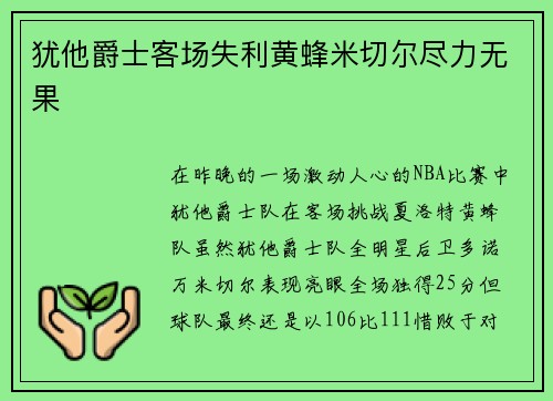 犹他爵士客场失利黄蜂米切尔尽力无果